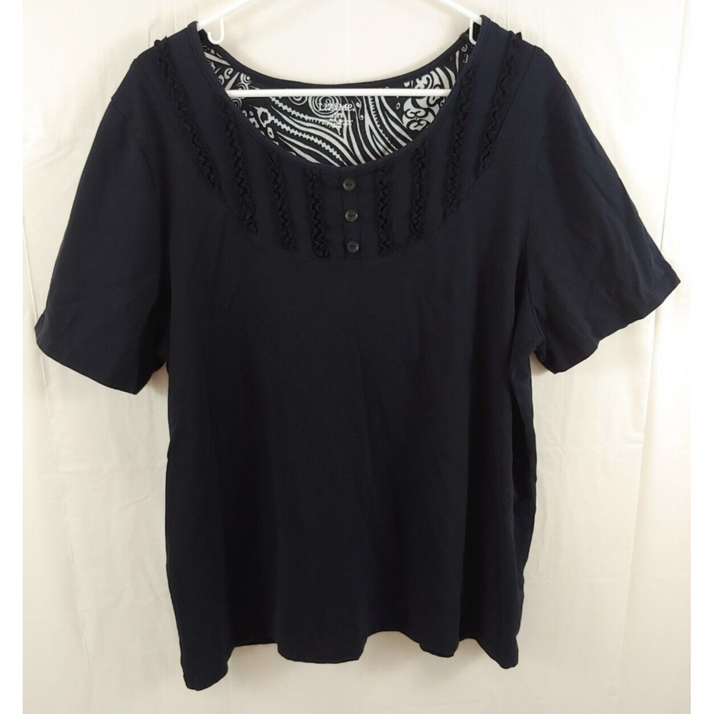 Liz & Me Womens Top 0X 14 16W Short Sleeve Black Cotton Stretch Ruffle Collar XL